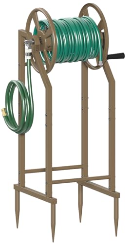 4-Spike Garden Hose Reel with 3.9ft Leader Hose & Stainless Fitting, Outdoor Hose Holder holds 125ft Hose of 5/8", Freestanding Metal Hose Stand for Outside Yard Lawn, Brown - color: Brown