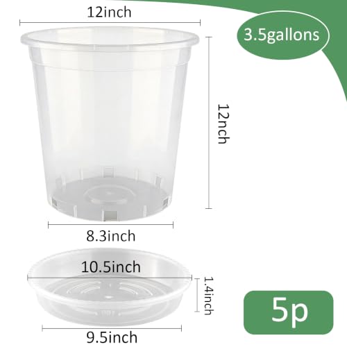 BTPLASTIK 3.5 Gallon Clear Nursery Pots with Saucers 5P, 12 Inch Round Plastic Plant Pots with Drainage Holes - size: 3.5 Gallon + Saucers 5P