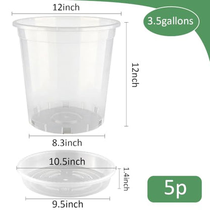 BTPLASTIK 3.5 Gallon Clear Nursery Pots with Saucers 5P, 12 Inch Round Plastic Plant Pots with Drainage Holes - size: 3.5 Gallon + Saucers 5P