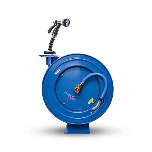 BLUSEAL BSWR1250HRS Retractable Hose Reel with 1/2" x 50' Hot Water Rubber Hose, 6' Lead-in, Hose Reel Swivel Mount, 9 Pattern Spray Nozzle