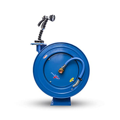 BLUSEAL BSWR1250HRS Retractable Hose Reel with 1/2" x 50' Hot Water Rubber Hose, 6' Lead-in, Hose Reel Swivel Mount, 9 Pattern Spray Nozzle