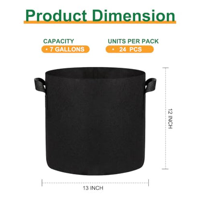 JERIA 24-Pack 7 Gallon Nonwoven Grow Bags, Plant Grow Bags，Heavy Duty Aeration Fabric Pots with Durable Handles - size: 7 Gallons