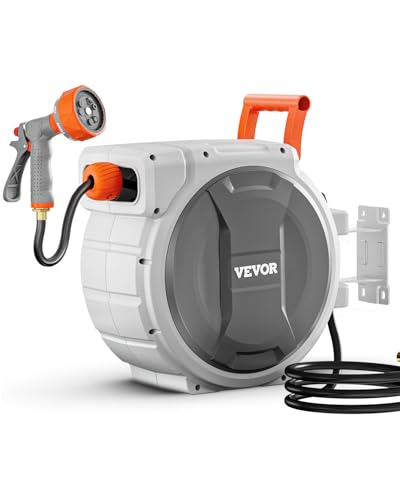 VEVOR Retractable Garden Hose Reel, 1/2 Inch x 145 ft Wall Mounted Hose Reel, Heavy Duty Garden Hose Reel with 9 Patterns Nozzle, Any Length Lock, Upgraded Slow Return System and 180°Swivel Bracket - size: 1/2 in x 145 ft