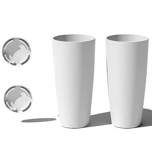 Veradek Vega Round Tall Planter Pots for Indoor/Outdoor Use | Made from Plastic - Stone Mix with Drainage Holes | Perfect for Small to Large Succulent Plants, Flowers, Modern Interior Plants - color: White, size: 28 inch - 2 pack with saucers
