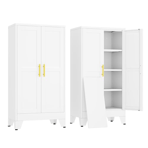 erosoei 47" H Metal Garage Storage Cabinet, Metal Pantry Cabinet with 2 Doors, Locker Steel Cabinet with 3 Adjustable Shelves, Freestanding Cupboard for Garage,Office,Home,Gym,School - color: White, size: 47"-NCasNLck