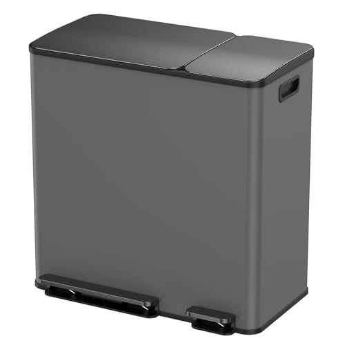 Lovewind Double Trash Can Kitchen, 13+5.5 Gallon Stainless Steel Dual Trash and Recycle Bin Combo with Silent Close Lid, Heavy-Duty Foot Pedal, Easy to Clean Garbage Can for Large Families, Grey - color: Grey, size: 13+5.5 Gallon