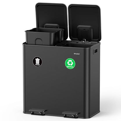 Lovewind 2×11.5 Gallon Dual Trash Can, Stainless Steel Dual Garbage and Recycling Can with Foot Pedal, 90° Stay-Open Lid, Pet-Proof Design – Large Dual Compartment Trash Recycling Bins Kitchen, Black - color: Black, size: 23 Gallon