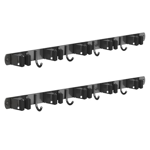 2 Pack Mop and Broom Holder Wall Mount for Kitchen Garden Garage Laundry - color: Black, size: 2 Pack 5 Racks with 4 Hooks
