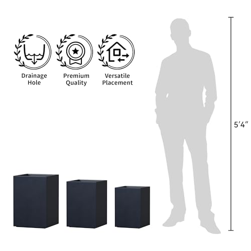 Kante Set of 3 Charcoal Concrete Tall Square Planters for Modern Home - color: Charcoal, size: 12.6",15.7"18.5" Tall