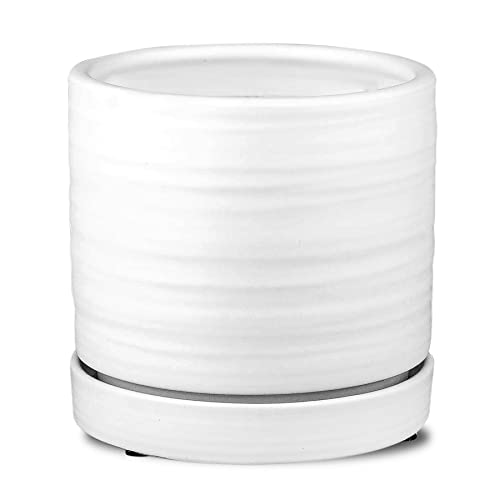HERDUK 6 Inch Plant Pots, Ceramic Planter Pot with Drainage Hole & Saucer, Indoor/Outdoor Cylinder Round Planter Pot, Matte White - color: Matte White, size: 6 Inch