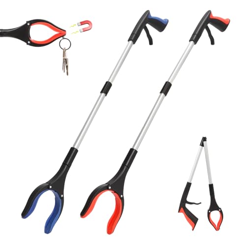 2 Pack Grabber Reacher Tool, 31” Foldable Pickup Tool for Seniors - color: Orange+blue, size: 31"