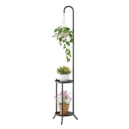 2-Tier Metal Plant Stand with Hanging Hook, Indoor Outdoor Plant Shelf,Heavy Duty Plant holder Rustproof Iron Multiple Plant Round Supports Rack for Planter Corner Garden Balcony Patio (Black) - color: Black