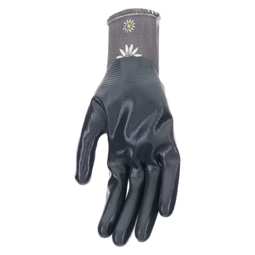 Mud Grip Women's Daisy Printed Polyester Shell and Flat Nitrile Coated Palm Gardening Gloves, - color: Gray, size: Small/Medium (Pack of 1)