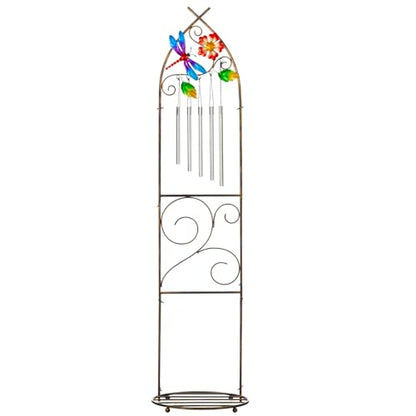 Garden Trellis with Plant Stands, 48” Metal Detachable Dragonfly Plant Pot Trellis with Wind Chimes for Climbing Plants Outdoor Lawn Patio Porches Decor