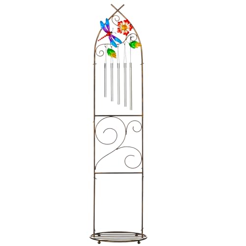 Garden Trellis with Plant Stands, 48” Metal Detachable Dragonfly Plant Pot Trellis with Wind Chimes for Climbing Plants Outdoor Lawn Patio Porches Decor