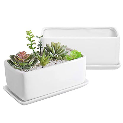 MyGift White Ceramic Succulent Planter with Drainage & Saucer, 2 Pack - size: 10 inch - 2 Pack
