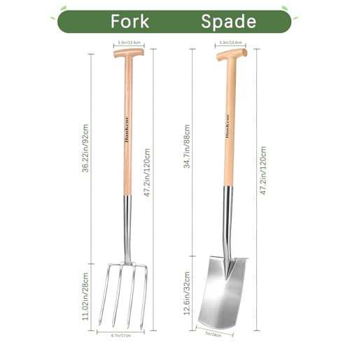 Garden Pitchfork Spade Set, 4-Tine Stainless Steel Pitchfork, 47" Heavy Duty Long Handled Spade with T-Handle/Ergonomic Beech Handle for Digging, Planting, Cultivating, Aerating