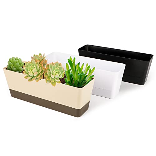 GREANER Window Boxes, 3 Pack 12x3.8 Inch Mixed Color Rectangle Herb Planters with Tray, Indoor Succulent Cactus Plastic Saucer Pot for Windowsill, Balcony, Office, Outdoor Garden (Black, White, Beige) - size: 3Packs/12x3.8in-multi