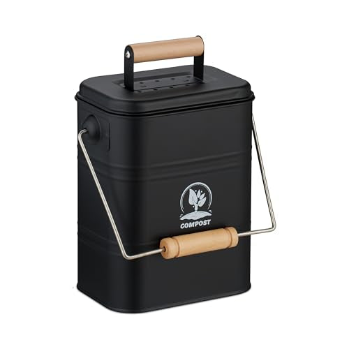 Relaxdays Kitchen Compost Bin, 3.5 litres, Iron & Wood, 2 Charcoal Odour Filters, Lid & Handle, Food Waste Caddy, Black - color: Black