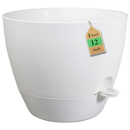 WSMKSZ 12 inch Large Self Watering Pots, Flower Plant Pots with Multi Mesh Drainage Holes for Indoor Outdoor Garden Plants and Flowers, Plastic Planters with Removable Reservoir, White - color: White, size: 12inch 1pcs