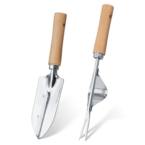 Garden Tool Set, 2 Pieces Stainless Steel Heavy Duty Garden Tools, Garden Kit with Ergonomic Wooden Handle, Durable Garden Tools for Gardening, Gardening Gifts for Women - style: 2PC(Transplanter&Weeder)