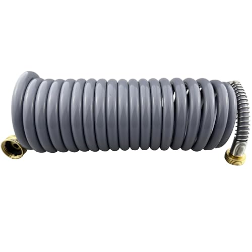 Darnassus Garden Hose, Green PU Curly Water Hose with Brass Connectors,Watering Hose Coil,Retractable,Corrosion Resistant Garden Coil Hose (Grey, 15 FT) - color: Gray, size: 15 FT