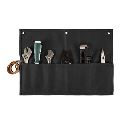 Chisel Roll,Small Tool Roll Pouch,Tool Roll Bag Organizer, Heavy Duty Waxed Canvas Tool Bag, Multi-Purpose Roll-Up Storage Bag for Hand Tools Holder with 6 Pockets Wrench Roll Up Pouch - color: Black
