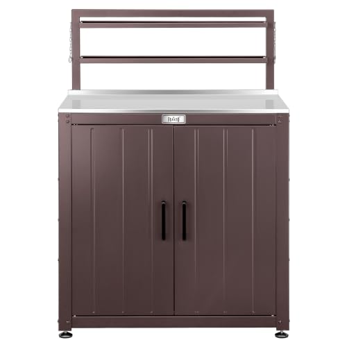 Feasto Outdoor Potting Bench Table with Storage Cabinet, Brown - color: Brown