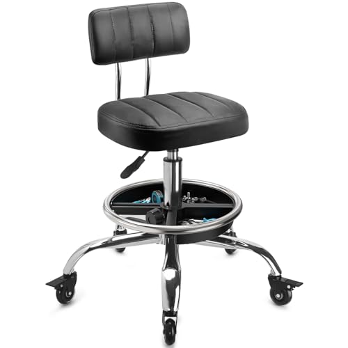 Garage Mechanic Stool with Backrest, Height Adjustable Heavy Duty Swivel Task Chair, Rolling Workshop Stool with Tool Tray Storage, Mechanic Chair for Garage, Shop, Auto Repair (Black) - color: Black