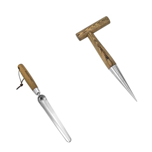 Hand Dibber with 5 inches Measuring Scale, Easy to Grip L-Shaped Wood Handle Dibbler, Seeding Widger, Stainless Steel Garden Planting Trowel for Repotting, Long and Narrow Widger for Planting, Weeding