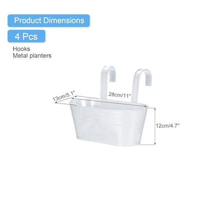 uxcell Rail Planter for Outdoor Plants, 4 Pcs 11" Iron Wall Hanging Planters Fence Railing Balcony Planters with Drainage Holes and Detachable Hooks, White - color: White