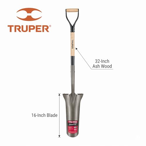 Truper Tru Pro 16-Inch Drain Spade, 32-Inch Premium Ash Wood Handle with D-Grip, Turned Steps, Heavy-Duty Trenching and Drainage Shovel (Model PEP-16-RBA / 31253)