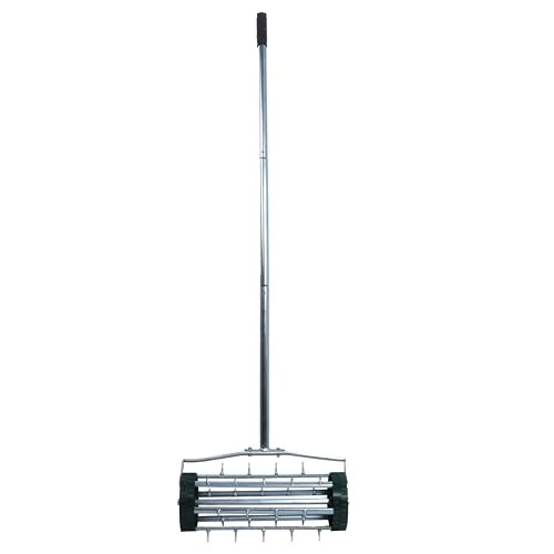 Heavy Duty Rolling Lawn Aerator, Rotary Push Tine Spike Soil Gardening Tool with 3-Piece Long Steel Handle for Garden Yard Grass Maintenance