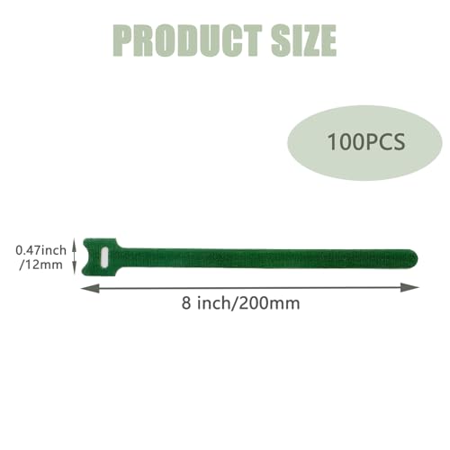 100 Pcs Hook&Loop Garden Plant Cable Ties, 8 Inch Garland Ties Plant Cable Straps, Adjustable Garden Nylon Tie for Supporting Climbing Plants, Vines, Gardening, and Office Use (Green)