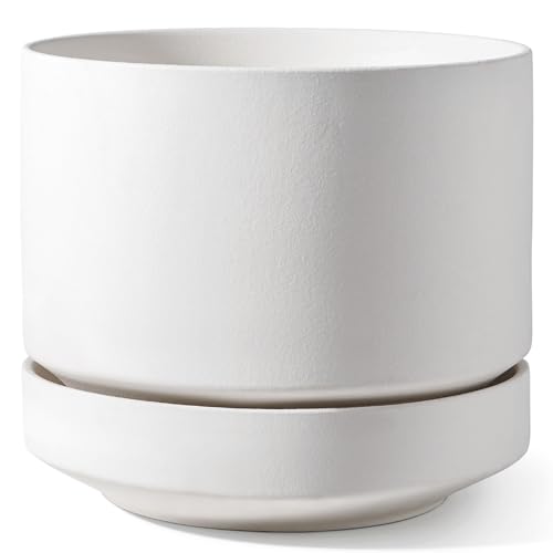 LE TAUCI 12 Inch Pots for Plants with Saucer | Ceramic Outdoor & Indoor Planter Pot for Plants | Drainage Hole, Mesh Pad | Unglazed Porous | Modern for Home, Office and Patio – Chalk White - color: Chalk White, size: 12 Inch