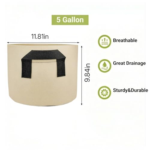 5 Gallon Grow Bags 5-Pack, 300G Thick Fabric Pots, Reinforced Handles - size: 5 Gallon