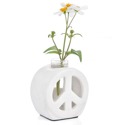 Propagation Vase, 2-in-1 Small Flower Vase and Aromatherapy Diffuser, Handcrafted Ceramic with Clear Glass Root Observation Tubes, Modern Desktop Centerpiece for Plant Lovers - color: White Peace Sign