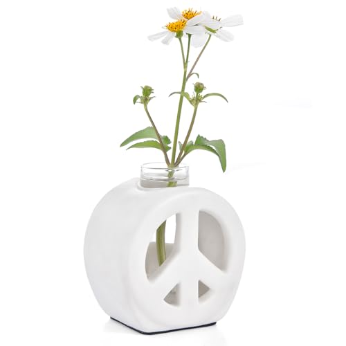 Propagation Vase, 2-in-1 Small Flower Vase and Aromatherapy Diffuser, Handcrafted Ceramic with Clear Glass Root Observation Tubes, Modern Desktop Centerpiece for Plant Lovers - color: White Peace Sign