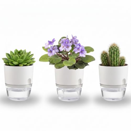 3.2 Inch Self Watering Planters 3 Pack Plastic Wicking Pots White - color: 3.2''-3pack-white