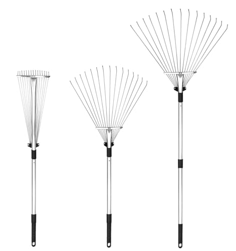 Buyplus Adjustable Garden Leaf Rake - 24 to 63 Inch Telescopic Metal Expandable Folding Leaves Rake, Metal Rake for Leaves, Yard Rakes for Lawn Yard, Flowers Beds, Black