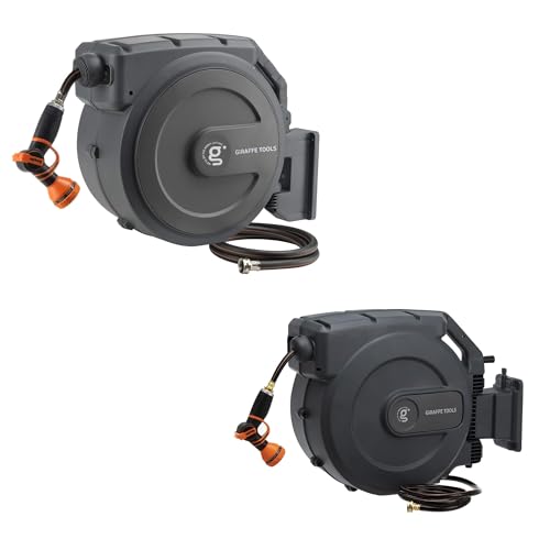 Giraffe Tools Retractable Garden Hose Reel 1/2 Inch x 155+5 ft and Hose Reel 1/2 Inch x 130 ft, Heavy Duty, Any Length Lock, Slow Return System, Wall Mounted and 180 Deg Swivel Bracket