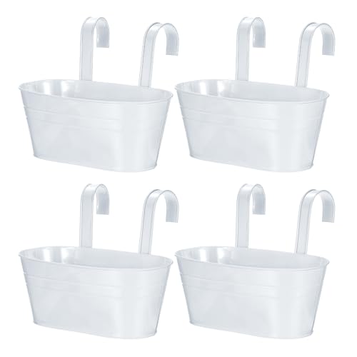 uxcell Rail Planter for Outdoor Plants, 4 Pcs 11" Iron Wall Hanging Planters Fence Railing Balcony Planters with Drainage Holes and Detachable Hooks, White - color: White