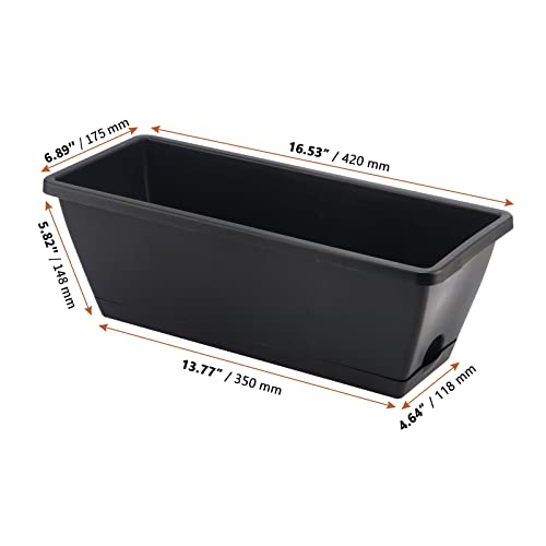 LEXININ 6 Pack 17 Inch Black Plastic Rectangular Window Planter Box, Window Vegetable Planter Box with Trays, Rectangular Flower Pots for Windowsill, Garden, Balcony, Patio, Black