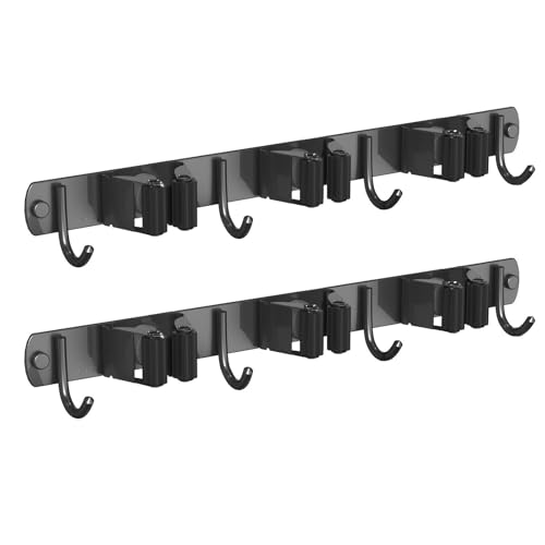 2 Pack Mop and Broom Holder Wall Mount for Kitchen Garden Garage Laundry - color: Black, size: 2 Pack 3 Racks with 4 Hooks