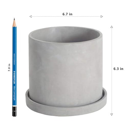 Ekirlin 7 Inch Plant Pot Indoor, Grey Cement Garden Planters with Drain Hole & Saucer Tray, Modern Succulents Containers Flower Pots for Home Decor, Outdoor, Office and Most Plants - size: 6.7 inch