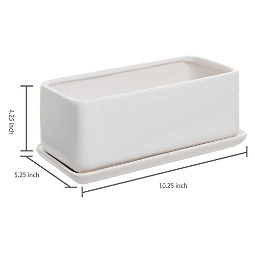 MyGift 10 Inch Modern Unglazed White Ceramic Indoor Plant Pot with Drainage Hole, Rectangular Succulent Planter Window Box with Removable Saucer, 1 Pack - size: 10 inch - 1 Pack