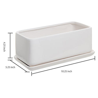 MyGift 10 Inch Modern Unglazed White Ceramic Indoor Plant Pot with Drainage Hole, Rectangular Succulent Planter Window Box with Removable Saucer, 1 Pack - size: 10 inch - 1 Pack