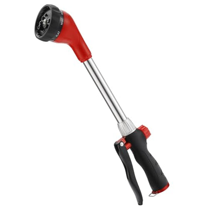 GREEN MOUNT Watering Wand, Heavy Duty Garden Hose Wand with 8 Spray Patterns, 16-Inch Hose Sprayer Nozzle with Flow Control, Ideal for Lawn and Garden Use, Red - color: Red