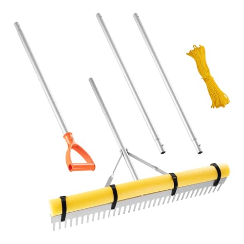 VEVOR Landscape Rake, 36 inch Wide Head 133 inch Handle, Large Heavy Duty Aluminum Landscaping Leaf Rake Tool, Asphalt Level for Loosening Soil, Garden & Yard, Pond Gravel & Beach Lawn Care, 52ft Rope - size: 133 inch