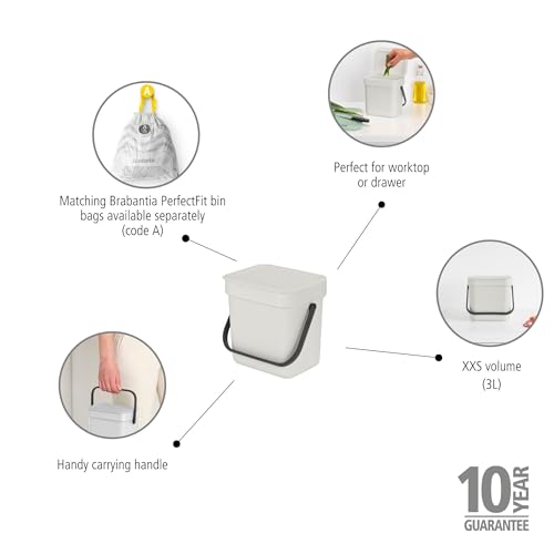 Brabantia Sort & Go Kitchen Countertop Food Scraps Compost Bin | XS / 0.8 Gal / 3L | Light Gray | Removable Stay-Open Lid, Carry Handle, Easy-Clean Recycling Box | Wall Bracket Sold Separately - color: Light Gray, size: 1x 0.8 Gal / 3L
